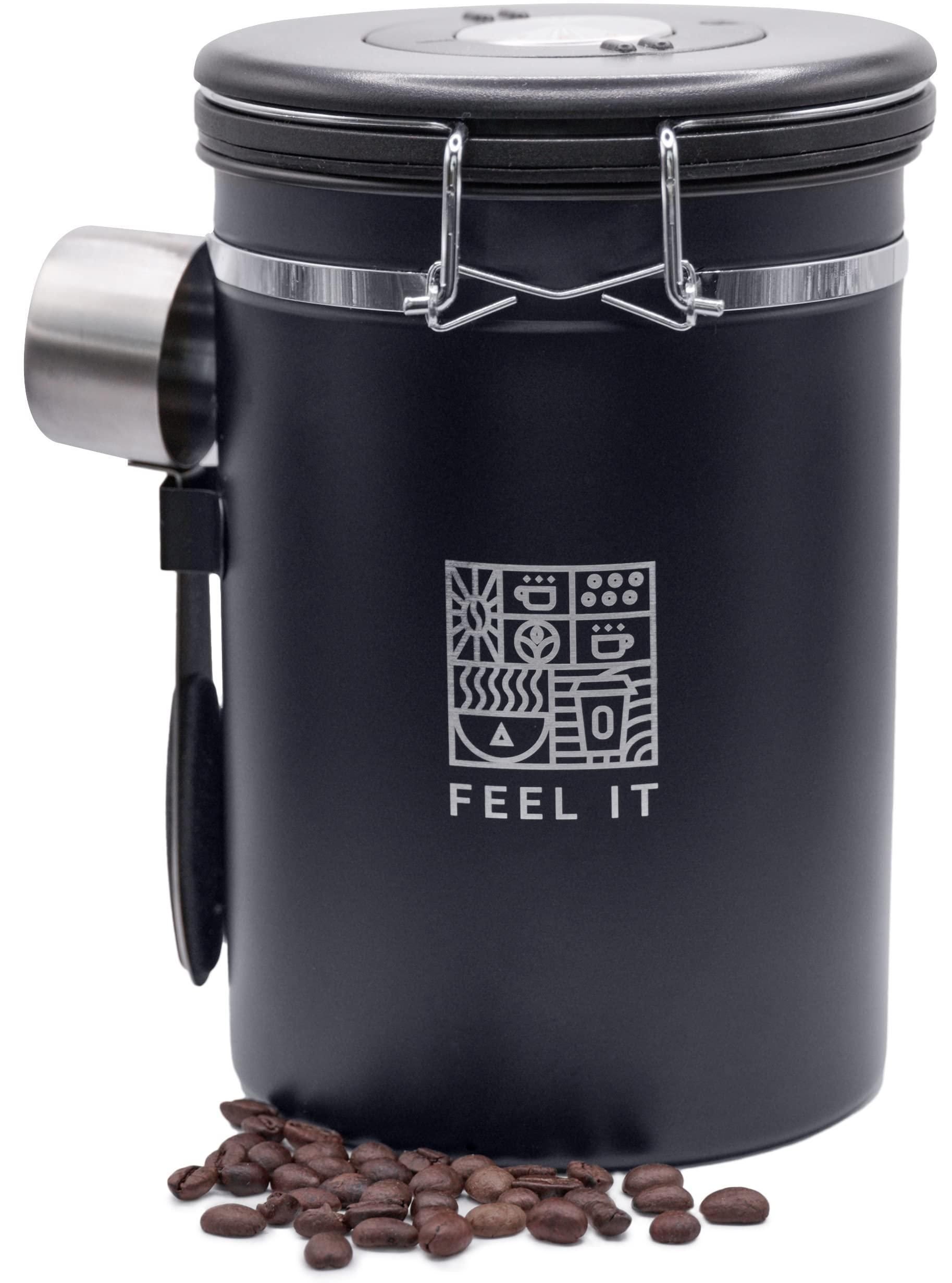 Stainless Steel Coffee Canister 21oz Airtight Kitchen Food Storage Container with Date Tracker CO2 Release Valve and Measuring Scoop For Ground C