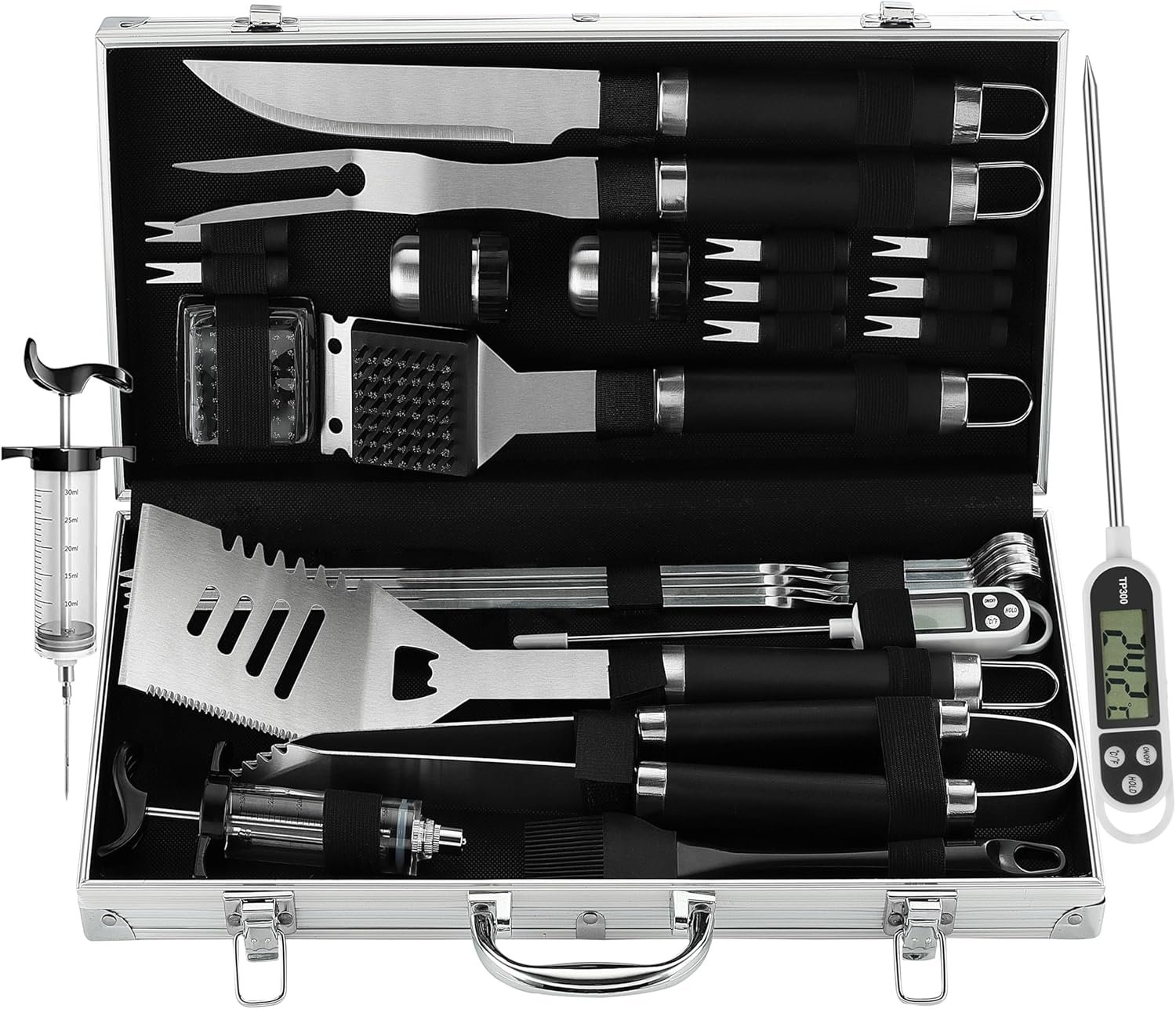 Grilljoy 24PCS BBQ Grill Tools Set With Meat Thermometer And Injector - Extra Thick Stainless Steel Fork, Spatula& Tongs - Complete BBQ Accessori (Option: Black-Stainless Steel)
