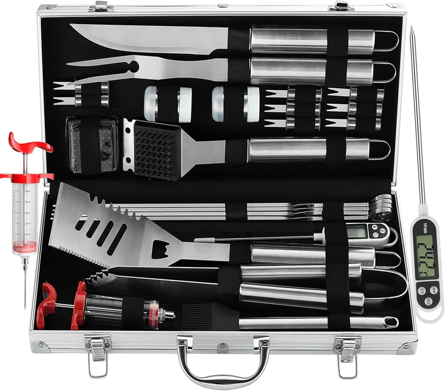 Grilljoy 24PCS BBQ Grill Tools Set With Meat Thermometer And Injector - Extra Thick Stainless Steel Fork, Spatula& Tongs - Complete BBQ Accessori (Option: Silver-Stainless Steel)