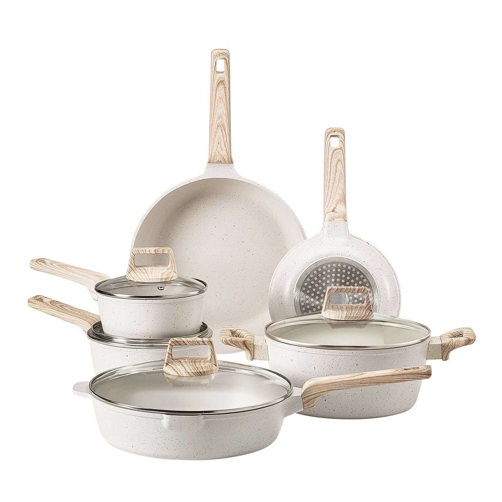 17 Piece Pots and Pans Set Granite Nonstick Kitchen Cookware Induction White (Color: White, Quantity of Cookware: 6)