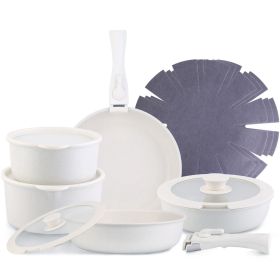 17Pcs Nonstick Cookware Set Frying Pan Sauce Pan Oven Dishwasher Safe Fedex Shipping (Color: White)